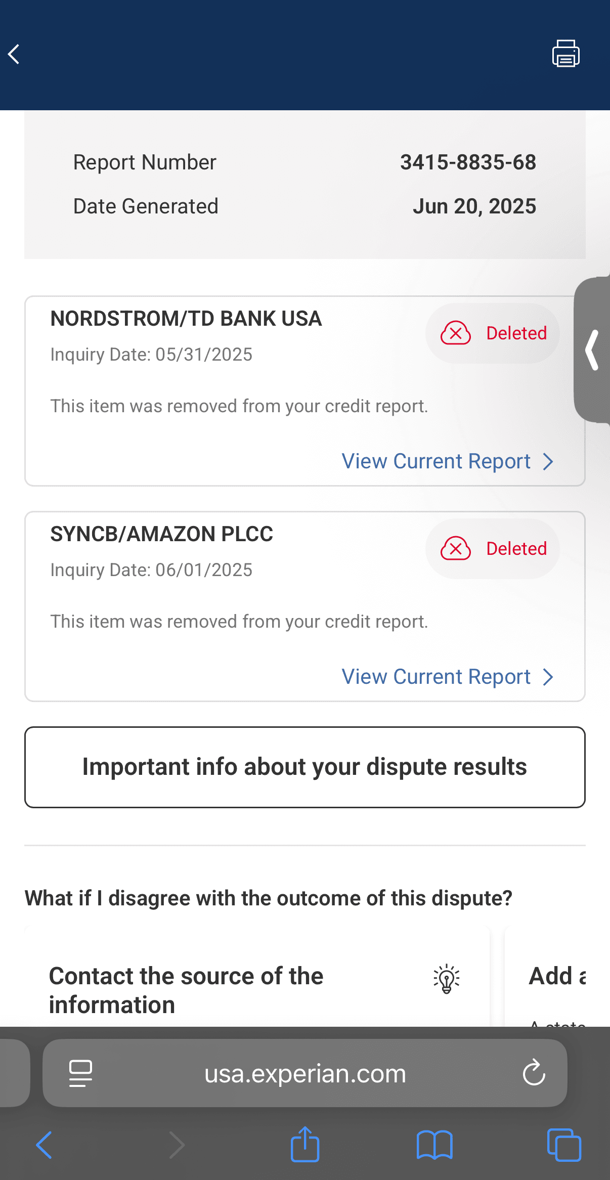 Experian dispute results showing deleted items